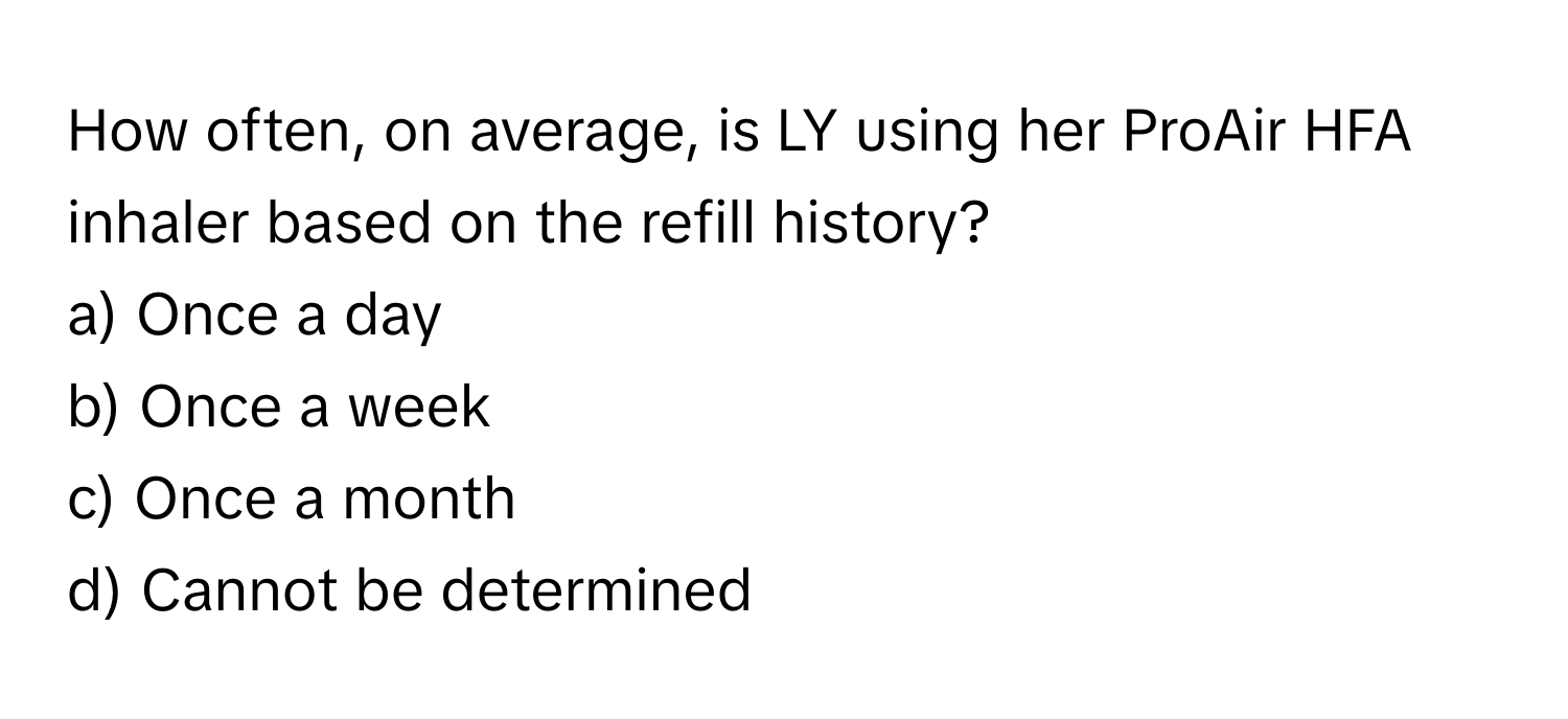 How often, on average, is LY using her ProAir HFA inhaler based on the refill history?

a) Once a day 
b) Once a week 
c) Once a month 
d) Cannot be determined