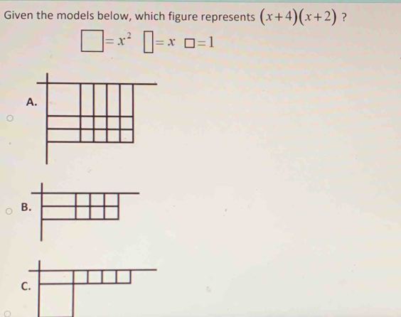 Given the models below, which figure represents (x+4)(x+2) ?
□ =x^2□ =x□ =1