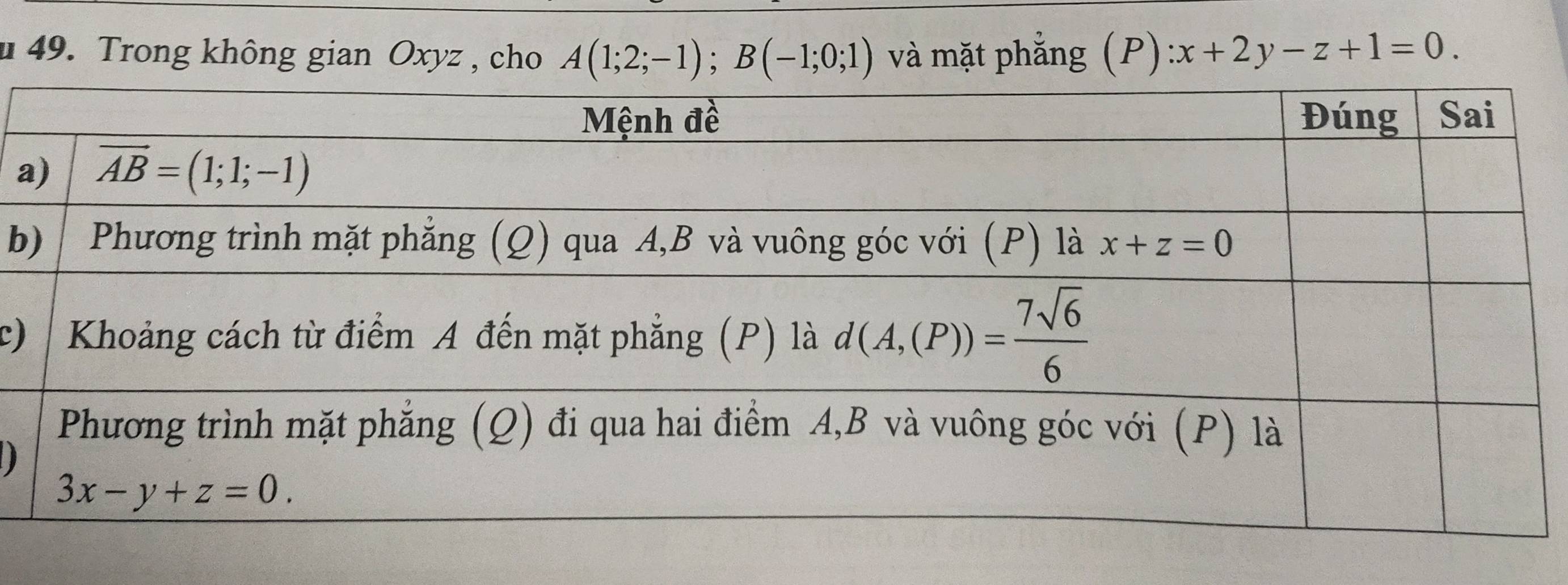 # 49. Trong không gian Oxyz , cho A(1;2;-1);B(-1;0;1) và mặt phẳng (P) :x+2y-z+1=0.
a
b
c)
D