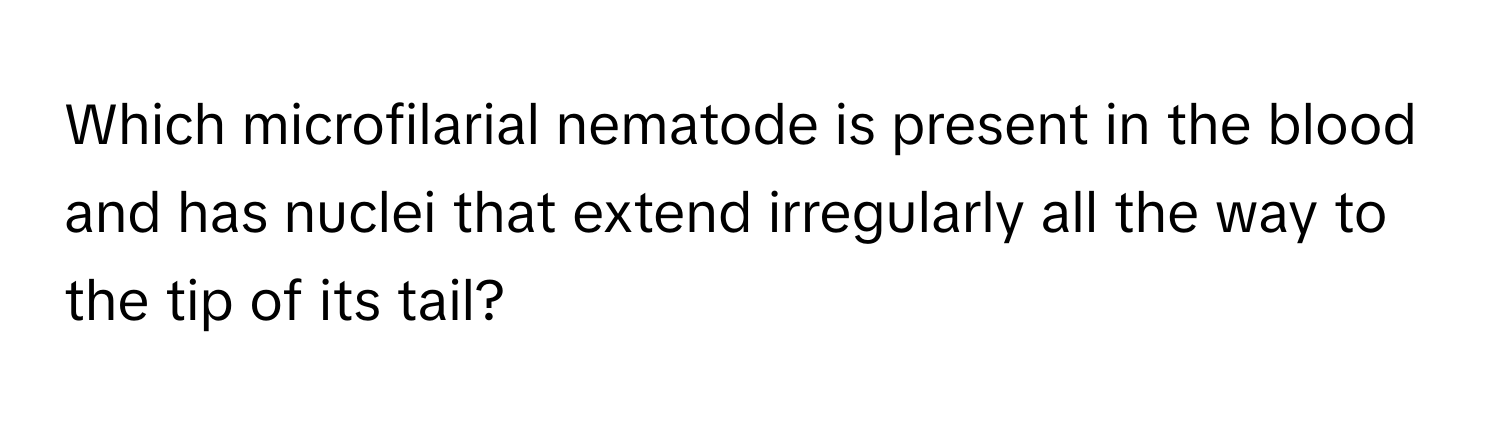 Which microfilarial nematode is present in the blood and has nuclei that extend irregularly all the way to the tip of its tail?