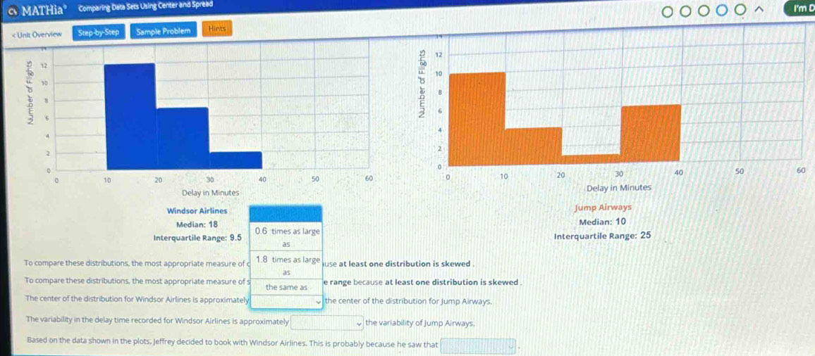 MATHia Comparing Data Sets Using Center and Spread 
I'm D 
< Unit Overview Step-by-Step Sample Problem Hints 
0 
Median:  18
Interquartile Range: 9.5 0.6 times as large 
as 
To compare these distributions, the most appropriate measure of c 1.8 times as large juse at least one distribution is skewed . 
as 
To compare these distributions, the most appropriate measure of s the same as e range because at least one distribution is skewed . 
The center of the distribution for Windsor Airlines is approximately the center of the distribution for Jump Airways. 
The variability in the delay time recorded for Windsor Airlines is approximately the variability of Jump Airways. 
Based on the data shown in the plots, Jeffrey decided to book with Windsor Airlines. This is probably because he saw that