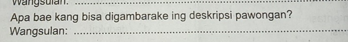 Wangsulan._ 
Apa bae kang bisa digambarake ing deskripsi pawongan? 
Wangsulan:_