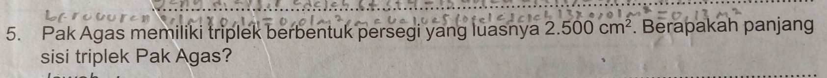 Pak Agas memiliki triplek berbentuk persegi yang luasnya 2.500cm^2. Berapakah panjang 
sisi triplek Pak Agas?