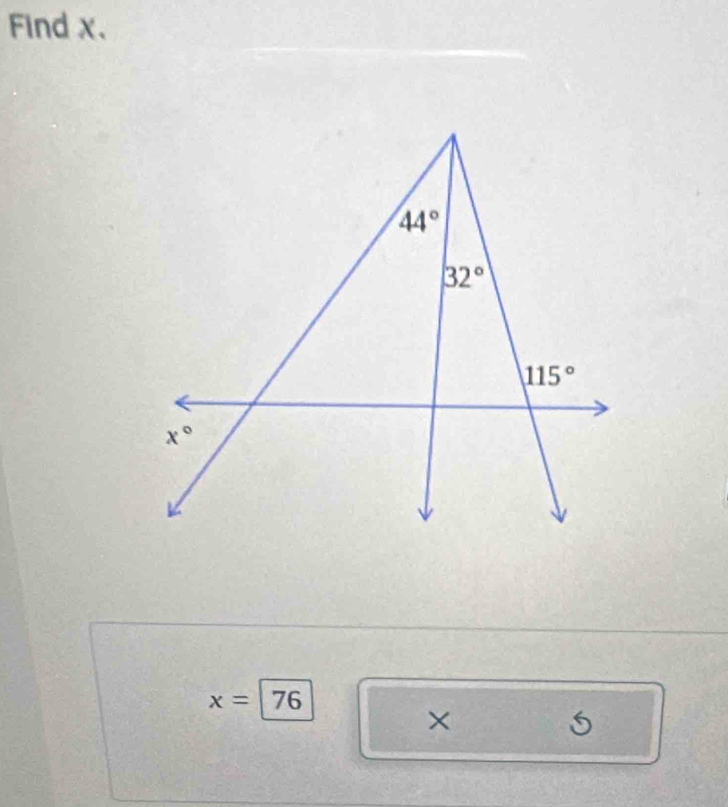 Find x.
x=76
×
6