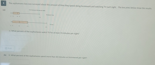 The sophomore class was sarveyed about the amount of time they spend doing homework and watching TV each night. The bex plots below show the results. 
(a 
A. What percent of the sophomores watch TV for at least 15 minutes per eight? 
Puay 
(b) 5. What percent of the sophomores spend more than 60 minutes an homework per night?