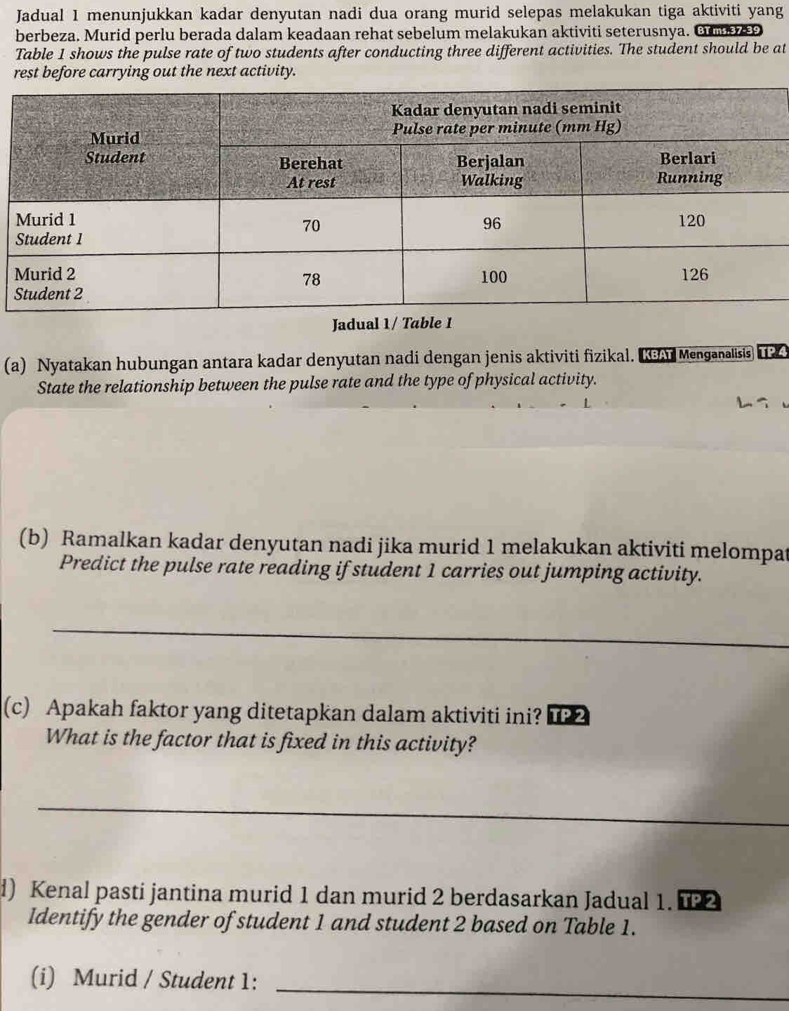 Jadual 1 menunjukkan kadar denyutan nadi dua orang murid selepas melakukan tiga aktiviti yang
berbeza. Murid perlu berada dalam keadaan rehat sebelum melakukan aktiviti seterusnya. Gb 9
Table 1 shows the pulse rate of two students after conducting three different activities. The student should be at
rest before carrying out the next activity.
Jadual 1/ Table 1
(a) Nyatakan hubungan antara kadar denyutan nadi dengan jenis aktiviti fizikal. KAT Menganalisis 1
State the relationship between the pulse rate and the type of physical activity.
(b) Ramalkan kadar denyutan nadi jika murid 1 melakukan aktiviti melompat
Predict the pulse rate reading if student 1 carries out jumping activity.
_
(c) Apakah faktor yang ditetapkan dalam aktiviti ini? 2
What is the factor that is fixed in this activity?
_
l) Kenal pasti jantina murid 1 dan murid 2 berdasarkan Jadual 1. 2
Identify the gender of student 1 and student 2 based on Table 1.
(i) Murid / Student 1:_