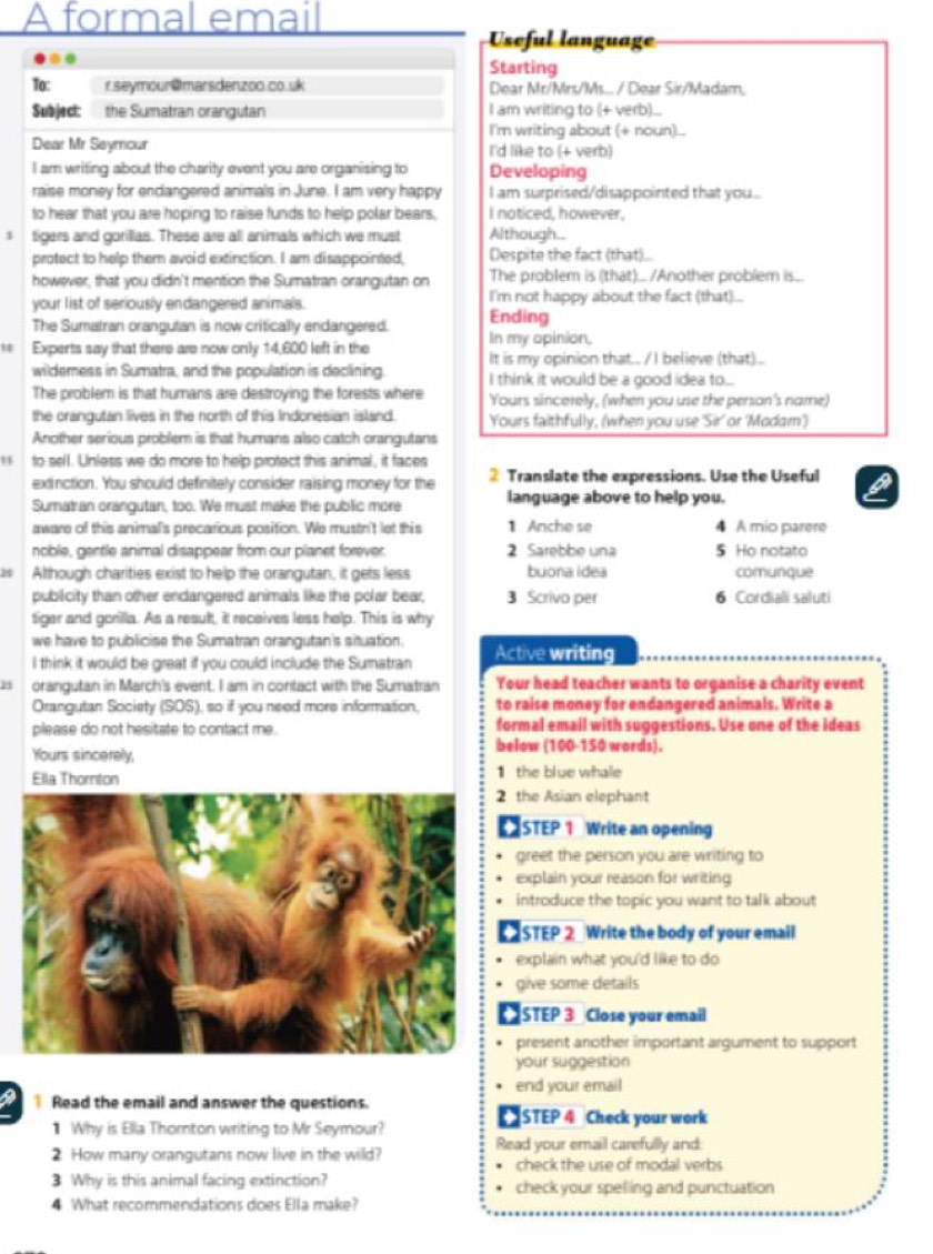 A formal email
Useful language
Starting
To: r.seymour@marsdenzoo.co.uk Dear Mr/Mrs/Ms.. / Dear Sir/Madam
Subject: the Sumatran orangutan I am writing to (+ verb)...
I'm writing about (+ noun)...
Dear Mr Seymour I'd like to (+ verb)
I am writing about the charity event you are organising to Developing
raise money for endangered animals in June. I am very happy I am surprised/disappointed that you..
to hear that you are hoping to raise funds to help polar bears, I noticed, however,
s tigers and gorillas. These are all animals which we must Although..
protect to help them avoid extinction. I am disappointed, Despite the fact (that)...
however, that you didn't mention the Sumatran orangutan on The problem is (that)... /Another problem is..
your list of seriously endangered animals. I'm not happy about the fact (that)...
The Sumatran orangutan is now critically endangered. Ending
Experts say that there are now only 14,600 left in the In my opinion,
wildemess in Sumatra, and the population is declining. It is my opinion that.. / I believe (that)...
I think it would be a good idea to...
The problem is that humans are destroying the forests where Yours sincerely, (when you use the person's name)
the crangutan lives in the north of this Indonesian island. Yours faithfully, (when you use 'Sir' or 'Modam')
Another serious problem is that humans also catch orangutans
13 to sell. Unless we do more to help protect this animal, it faces
extinction. You should definitely consider raising money for the 2 Translate the expressions. Use the Useful
Sumatran orangutan, too. We must make the public more language above to help you.
aware of this animal's precarious position. We mustn't let this 1 Anche se 4 A mio parere
noble, gentle animal disappear from our planet forever. 2 Sarebbe una 5 Ho notato
24 Although charities exist to help the orangutan, it gets less buona idea comunque
publicity than other endangered animals like the polar bear, 3 Scrivo per 6 Cordiali saluti
tiger and gorilla. As a result, it receives less help. This is why
we have to publicise the Sumatran orangutan's situation.
I think it would be great if you could include the Sumatran Active writing
H orangutan in March's event. I am in contact with the Sumatran Your head teacher wants to organise a charity event
Orangutan Society (SOS), so if you need more information, to raise money for endangered animals. Write a
please do not hesitate to contact me. formal email with suggestions. Use one of the ideas
below (100-150 words).
Yours sincerely,
Ella Thornton 1 the blue whale
the Asian elephant
STEP 1 Write an opening
greet the person you are writing to
explain your reason for writing
introduce the topic you want to talk about
STEP 2 Write the body of your email
explain what you'd like to do
give some details
STEP 3 Close your email
present another important argument to support
your suggestion
end your email
o  Read the email and answer the questions.
STEP 4 Check your work
1 Why is Ella Thornton writing to Mr Seymour?
2 How many orangutans now live in the willd? Read your email carefully and:
check the use of modal verbs
3 Why is this animal facing extinction? check your spelling and punctuation
4 What recommendations does Ella make?