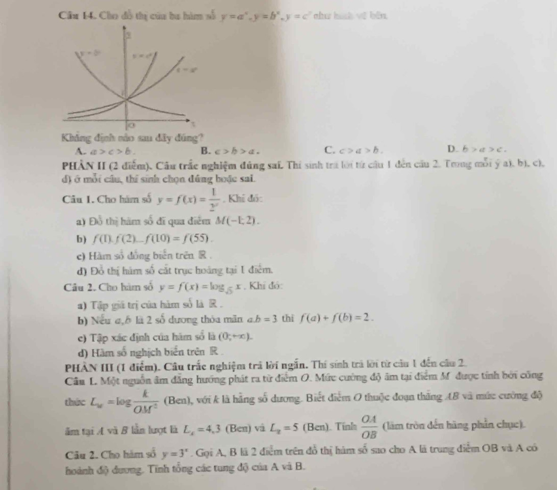 Cầu 14. Cho đồ thị của bu hìm số y=a^c,y=b^c,y=c^2 như hình về běn,
Khẳng định nảo sau đấy đúng?
A. a>c>b. B. c>b>a. C. c>a>b. D. b>a>c.
PHÀN II (2 điểm). Cầu trắc nghiệm đúng sai. Thí sinh tra lới từ cầu 1 đến cầu 2. Trng mỗi ý a), b), c),
d) ở mỗi câu, thí sinh chọn đúng boặc sai.
Câu 1. Cho hàm số y=f(x)= 1/2^x . Khi đốc
a) DO thị hàm số đĩ qua điểm M(-1,2).
b) f(1).f(2)...f(10)=f(55).
c) Hàm số đồng biến trên R .
d) Đổ thị him số cắt trục hoáng tại 1 điểm.
Câu 2. Cho hàm số y=f(x)=log _sqrt(5)x , Khí đó:
a) Tập giá trị của hàm số là R .
b) Nếu a,b là 2 số dương thỏa mãn a.b=3 thi f(a)+f(b)=2.
e) Tập xác định của hám -2 l (0,+∈fty ).
d) Hàm số nghịch biến trên R 
PHÀN III (1 điểm). Câu trắc nghiệm trả lời ngắn. Thí sinh trả lời từ cầu 1 đến câu 2.
Câu L. Một nguồn âm đăng hướng phát ra từ điểm O. Mức cường độ âm tại điểm Mỹ được tính bởi công
thức L_u=log  k/OM^2  (Ben), với k là hãng số dương. Biết điểm O thuộc đoạn thắng A8 và mức cường độ
âm tại A và B lần lượt là L_x=4,3 (Ben) và L_a=5 (Ben). Tính  OA/OB  (làm tròn đến hàng phần chục).
Câu 2. Cho hàm số y=3^x. Gọi A, B lã 2 điểm trên đồ thị hàm số sao cho A là trung điểm OB và A có
hoành độ dương. Tĩnh tổng các tung độ của A và B.