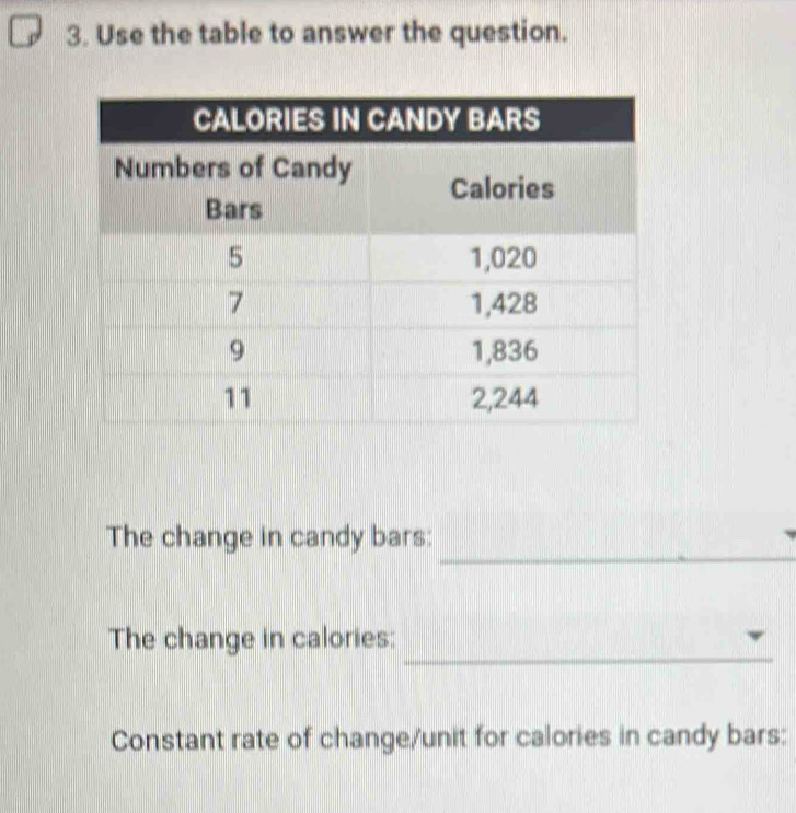 Use the table to answer the question. 
_ 
The change in candy bars: 
_ 
The change in calories: 
Constant rate of change/unit for calories in candy bars: