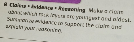 Claims • Evidence • Reasoning Make a claim 
about which rock layers are youngest and oldest. 
Summarize evidence to support the claim and 
explain your reasoning.