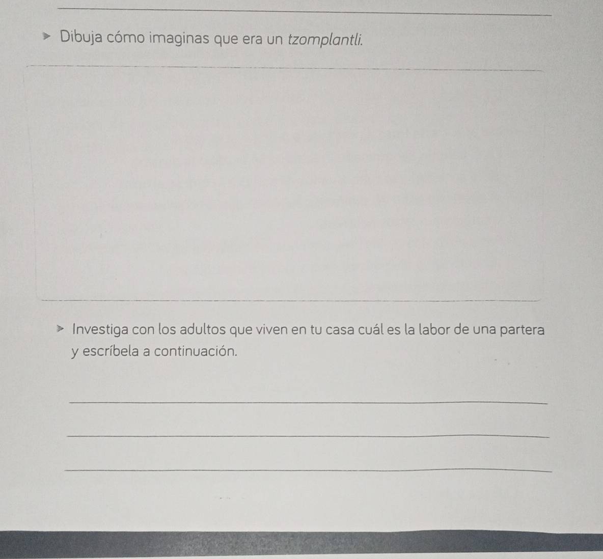 Dibuja cómo imaginas que era un tzomplantli. 
Investiga con los adultos que viven en tu casa cuál es la labor de una partera 
y escríbela a continuación. 
_ 
_ 
_