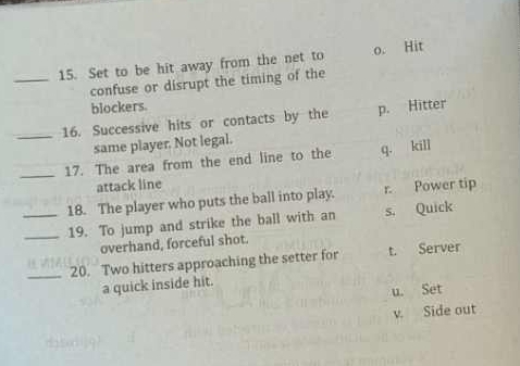 Set to be hit away from the net to o. Hit
confuse or disrupt the timing of the
blockers.
_16. Successive hits or contacts by the p. Hitter
same player. Not legal.
_17. The area from the end line to the q. kill
attack line
_18. The player who puts the ball into play. r. Power tip
_19. To jump and strike the ball with an s. Quick
overhand, forceful shot.
_20. Two hitters approaching the setter for t. Server
a quick inside hit.
u. Set
v. Side out