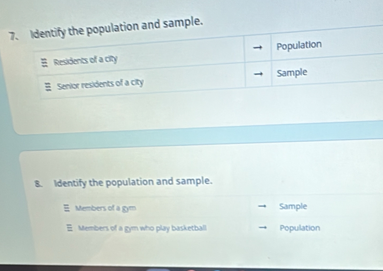 Solved: le. 8. Identify the population and sample. Members of a gym ...