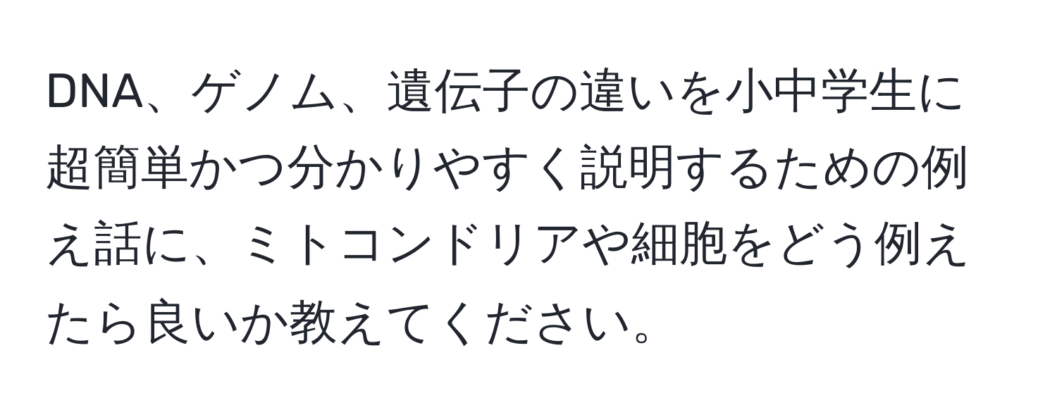 DNA、ゲノム、遺伝子の違いを小中学生に超簡単かつ分かりやすく説明するための例え話に、ミトコンドリアや細胞をどう例えたら良いか教えてください。