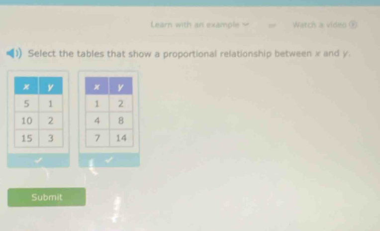 Learn with an example Watch a vide 
Select the tables that show a proportional relationship between x and y. 




Submit