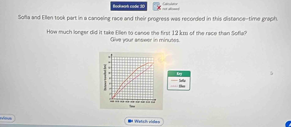 Bookwork code: 3D Cubcuhaten 
not sllowed 
Sofia and Ellen took part in a canoeing race and their progress was recorded in this distance-time graph. 
How much longer did it take Ellen to canoe the first 12 km of the race than Sofia? 
Give your answer in minutes. 
a 
Kery 
F 4
Sua 
Eles 
1 
os saos sés ms sas más 18 1979 190
Time 
vious B Watch video