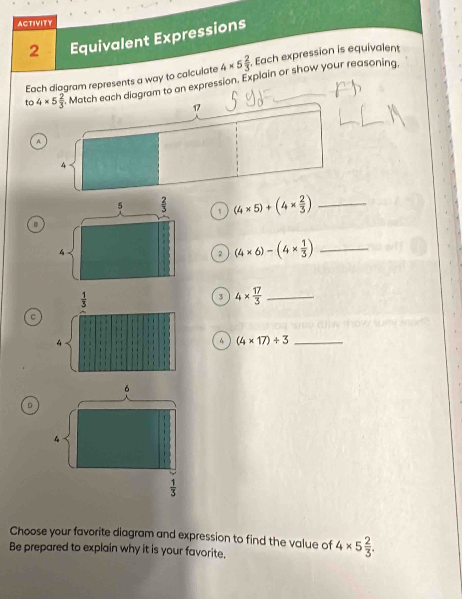 ACTIVITY
2 Equivalent Expressions
Each diagram represents a way to calculate 4* 5 2/3 . Each expression is equivalent
to 4* 5 2/3  to an expression, Explain or show your reasoning,
A
1 (4* 5)+(4*  2/3 ) _
2 (4* 6)-(4*  1/3 ) _
3 4*  17/3  _
C
4 (4* 17)/ 3 _
D
Choose your favorite diagram and expression to find the value of 4* 5 2/3 .
Be prepared to explain why it is your favorite.