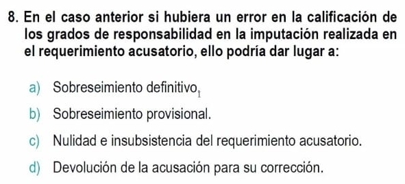 En el caso anterior si hubiera un error en la calificación de
los grados de responsabilidad en la imputación realizada en
el requerimiento acusatorio, ello podría dar lugar a:
a) Sobreseimiento definitivo,
b) Sobreseimiento provisional.
c) Nulidad e insubsistencia del requerimiento acusatorio.
d) Devolución de la acusación para su corrección.