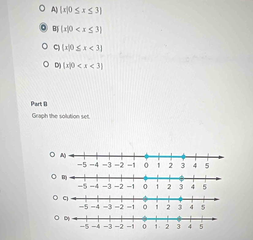 A)  x|0≤ x≤ 3
B)  x|0
C)  x|0≤ x<3
D)  x|0
Part B
Graph the solution set.