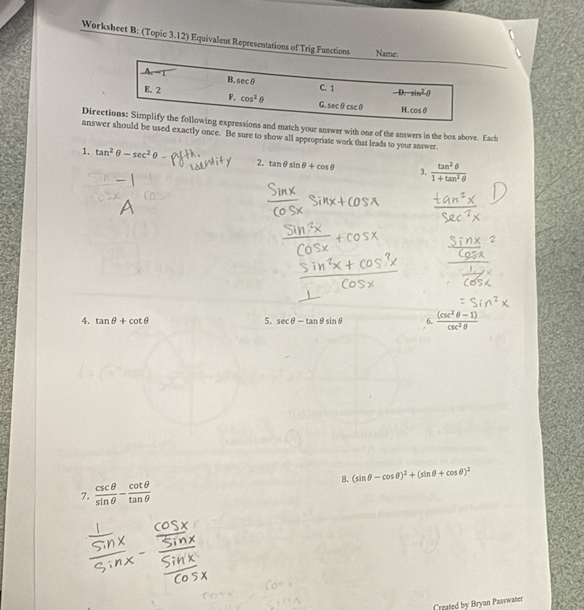 Solved: Worksheet B: (Topic 3.12) Equivalent Representations of Trig ...