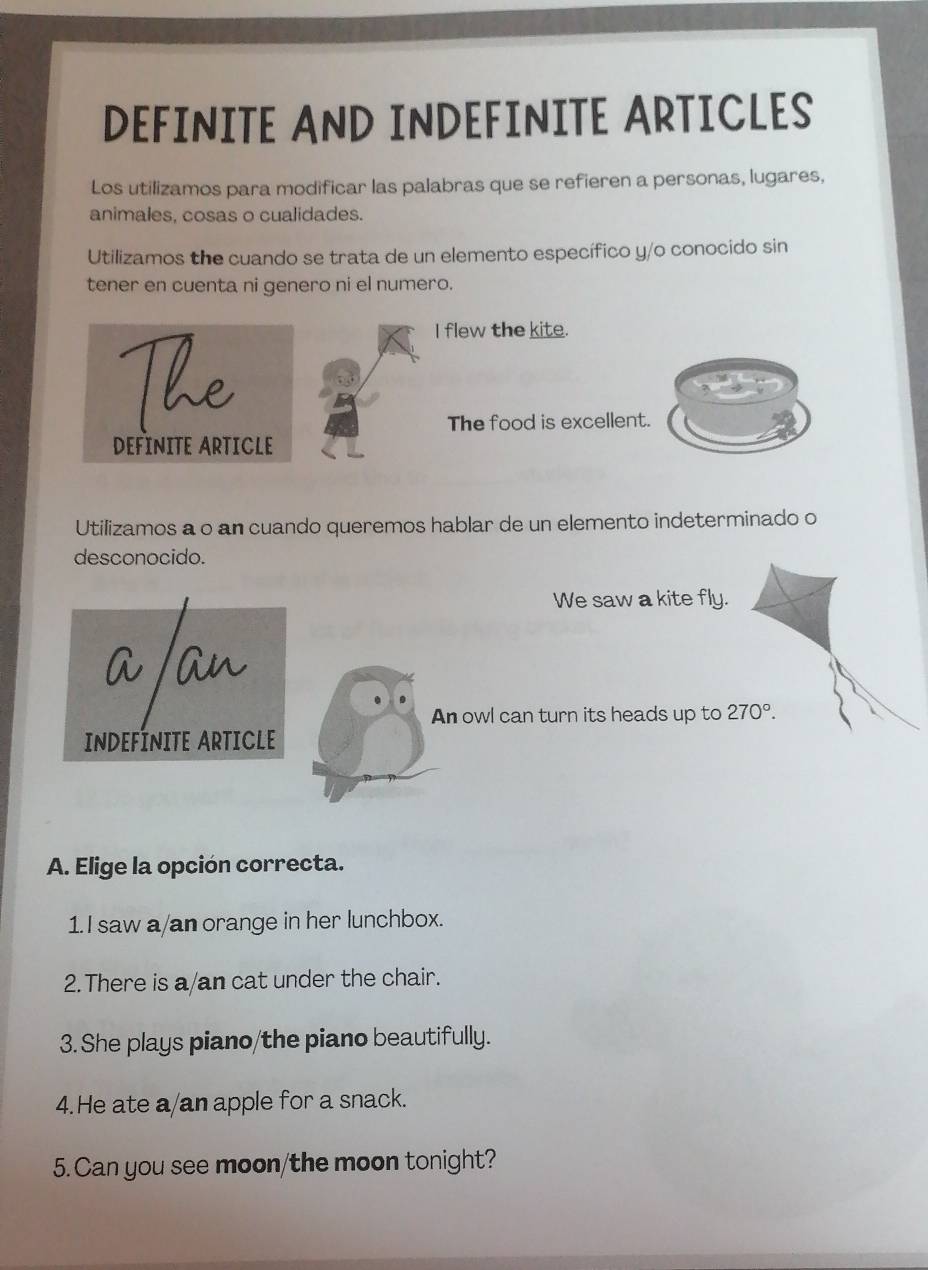 DEFINITE AND INDEFINITE ARTICLES 
Los utilizamos para modificar las palabras que se refieren a personas, lugares, 
animales, cosas o cualidades. 
Utilizamos the cuando se trata de un elemento específico y/o conocido sin 
tener en cuenta ni genero ni el numero. 
The 
I flew the kite. 
The food is excellent. 
DEFINITE ARTICLE 
Utilizamos a o an cuando queremos hablar de un elemento indeterminado o 
desconocido. 
We saw a kite fly. 
an 
An owl can turn its heads up to 270°. 
InDEFÍNITE ARTICLE 
A. Elige la opción correcta. 
1.I saw a/an orange in her lunchbox. 
2.There is a/an cat under the chair. 
3. She plays piano/the piano beautifully. 
4.He ate a/an apple for a snack. 
5. Can you see moon/the moon tonight?
