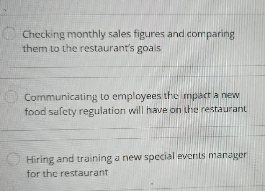 Checking monthly sales figures and comparing
them to the restaurant's goals
Communicating to employees the impact a new
food safety regulation will have on the restaurant
Hiring and training a new special events manager
for the restaurant