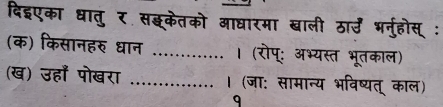 दिइएका धातु र सछकेतको आघारमा खाली ठार्उ भनुहोस् ः 
(क) किसानहरु धान ... । (रोपू: अभ्यस्त भूतकाल) 
(ख) उहाँ पोखरा _। (जा: सामान्य भविष्यत् काल) 
9