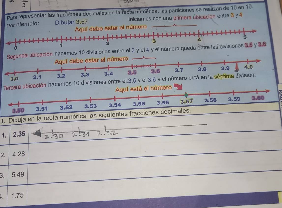 frac 3
Para representar las fracciones decimales en la recta numérica, las particiones se realizan de 10 en 10. 
Por ejemplo: Dibujar 3.57 Iniciamos con una primera úbicación entre 3 y 4
ión hacemos 10 divisiones entre el 3 y el 4 y el número queda entre
3.0
Tercera ubicación hacemos 10 divisiones entre el 3.5 y el 3.6 y el número está en la séptima división: 
está el número 
I. Dibuja en la recta numérica las siguientes fracciones decimales. 
1. 2.35
2. 4.28
3. 5.49
4. 1.75