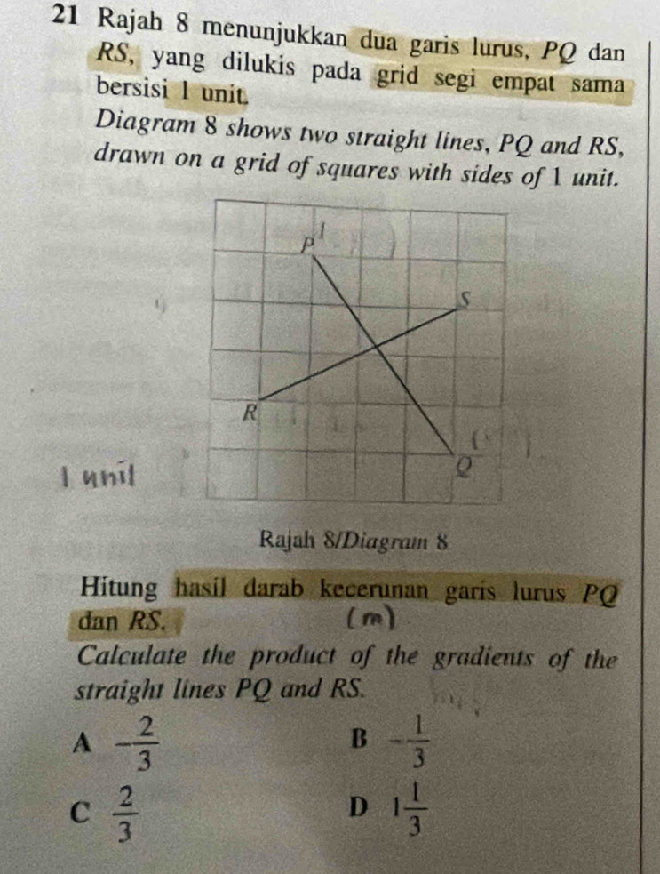 Rajah 8 menunjukkan dua garis lurus, PQ dan
RS, yang dilukis pada grid segi empat sama
bersisi l unit.
Diagram 8 shows two straight lines, PQ and RS,
drawn on a grid of squares with sides of 1 unit.
P
s
R
l unil
Q
Rajah 8/Diagram 8
Hitung hasil darab kecerunan garis lurus PQ
dan RS.
Calculate the product of the gradients of the
straight lines PQ and RS.
A - 2/3 
B - 1/3 
C  2/3 
D 1 1/3 