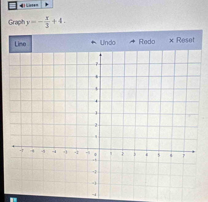 Listen 
Graph y=- x/3 +4. 
Line Undo Redo × Reset
-4