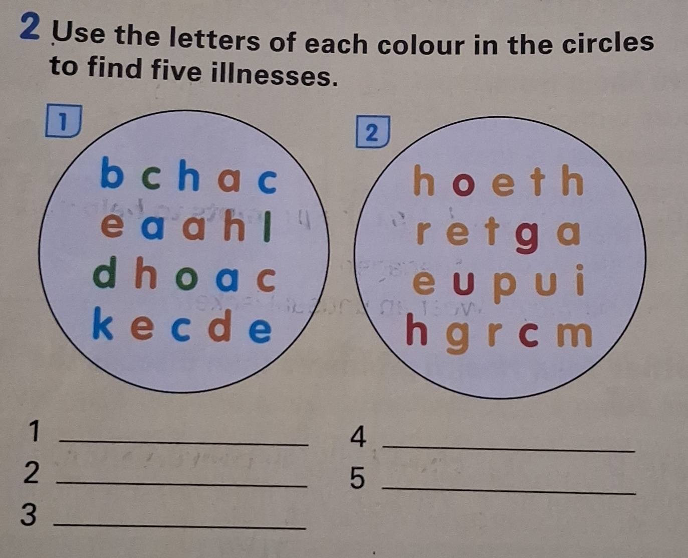 Use the letters of each colour in the circles 
to find five illnesses. 
_1 
_4 
_2 
_5 
_3