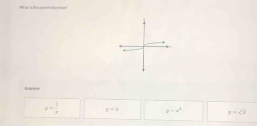 What is the parent function
Answer
y= 1/x  y=x y=x^3 y=sqrt[3](x)