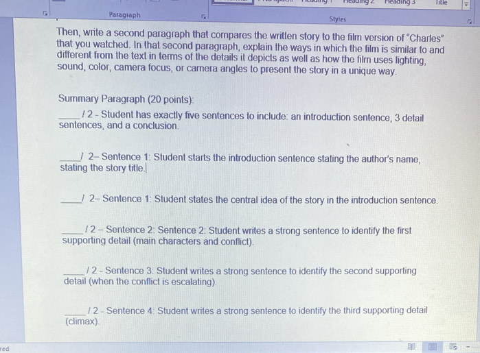 Mesaing 2 ' Mesding 3 litle ; 
Paragraph Styles 
Then, write a second paragraph that compares the written story to the film version of° Charles" 
that you watched. In that second paragraph, explain the ways in which the film is similar to and 
different from the text in terms of the details it depicts as well as how the film uses lighting, 
sound, color, camera focus, or camera angles to present the story in a unique way. 
Summary Paragraph (20 points): 
_/ 2 - Student has exactly five sentences to include: an introduction sentence, 3 detail 
sentences, and a conclusion. 
_/ 2- Sentence 1: Student starts the introduction sentence stating the author's name, 
stating the story title. 
_/ 2- Sentence 1: Student states the central idea of the story in the introduction sentence. 
_/ 2 - Sentence 2: Sentence 2: Student writes a strong sentence to identify the first 
supporting detail (main characters and conflict). 
_/ 2 - Sentence 3: Student writes a strong sentence to identify the second supporting 
detail (when the conflict is escalating). 
_/ 2 - Sentence 4: Student writes a strong sentence to identify the third supporting detail 
(climax). 
red
