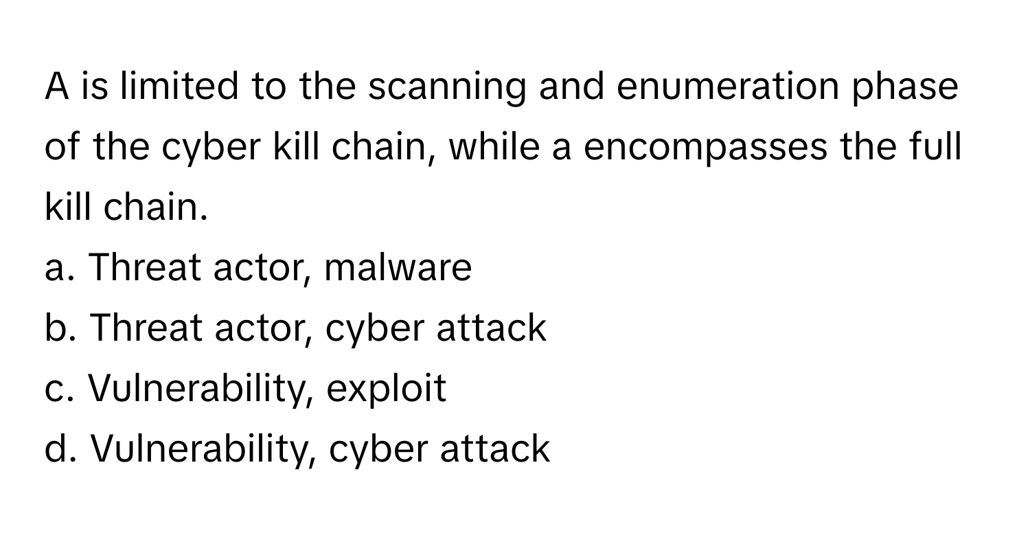 Solved: A is limited to the scanning and enumeration phase of the cyber ...