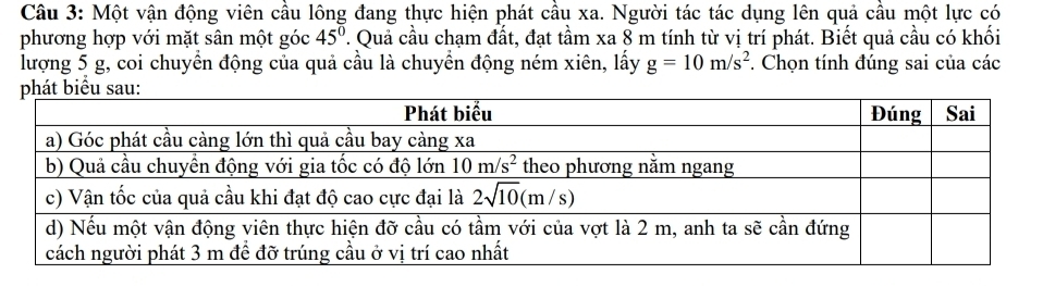 Một vận động viên cầu lông đang thực hiện phát cầu xa. Người tác tác dụng lên quả cầu một lực có
phương hợp với mặt sân một góc 45° ' Quả cầu chạm đất, đạt tầm xa 8 m tính từ vị trí phát. Biết quả cầu có khối
lượng 5 g, coi chuyển động của quả cầu là chuyển động ném xiên, lấy g=10m/s^2 * Chọn tính đúng sai của các