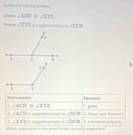 Select the correct answer.
Given: ∠ ACD≌ ∠ XYZ
Prove: ∠ XYZ Is supplementary to ∠ DCB
Statements Reasons
1. ∠ ACD≌ ∠ XYZ 1. given
2. ∠ ACD is supplementary to ∠ DCB 2. linear pair theorem
3. ∠ XYZ is supplementary to ∠ DCB 3. transitive property
Which statement in the proof is not correctly supported?