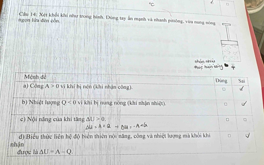 Xét khối khí như trong hình. Dùng tay ấn mạnh và nhanh pittông, vừa nung nóng
ngọn lửa đèn cồn.
nhân nhià
thuc hien cong