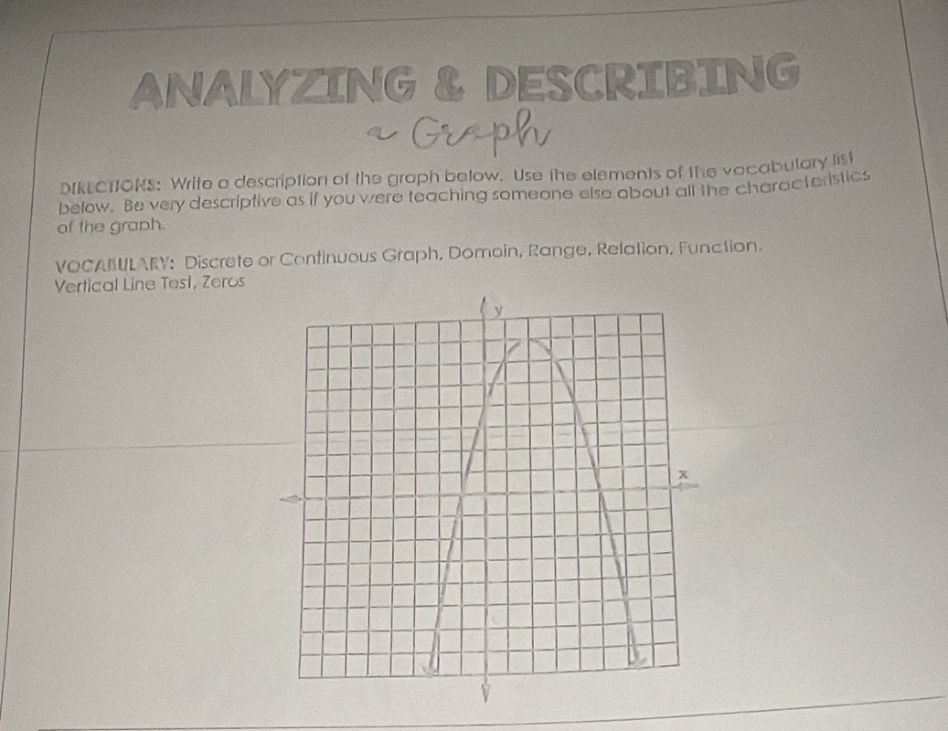 ANALYZING & DESCRIBING 
Graph 
DIRECTIORS: Write a description of the graph below. Use the elements of the vocabulary list 
below. Be very descriptive as if you were teaching someone else about all the characteristics 
of the graph. 
VOCANULARY: Discrete or Continuous Graph, Domain, Range, Relation, Function, 
Vertical Line Test, Zeros