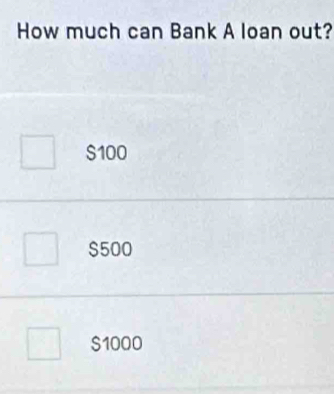 How much can Bank A loan out?
$100
$500
$1000