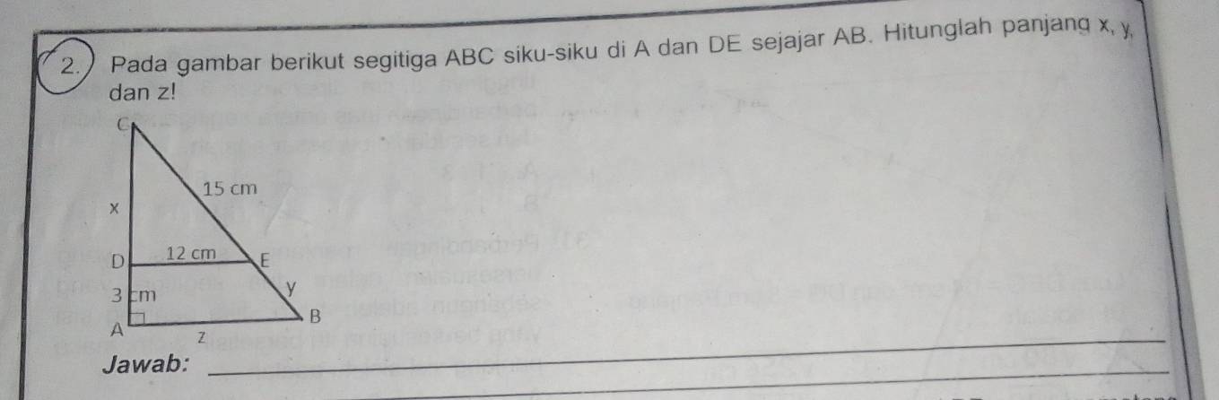 Pada gambar berikut segitiga ABC siku-siku di A dan DE sejajar AB. Hitunglah panjang x, y, 
dan z! 
_ 
_ 
_ 
_ 
Jawab: 
_