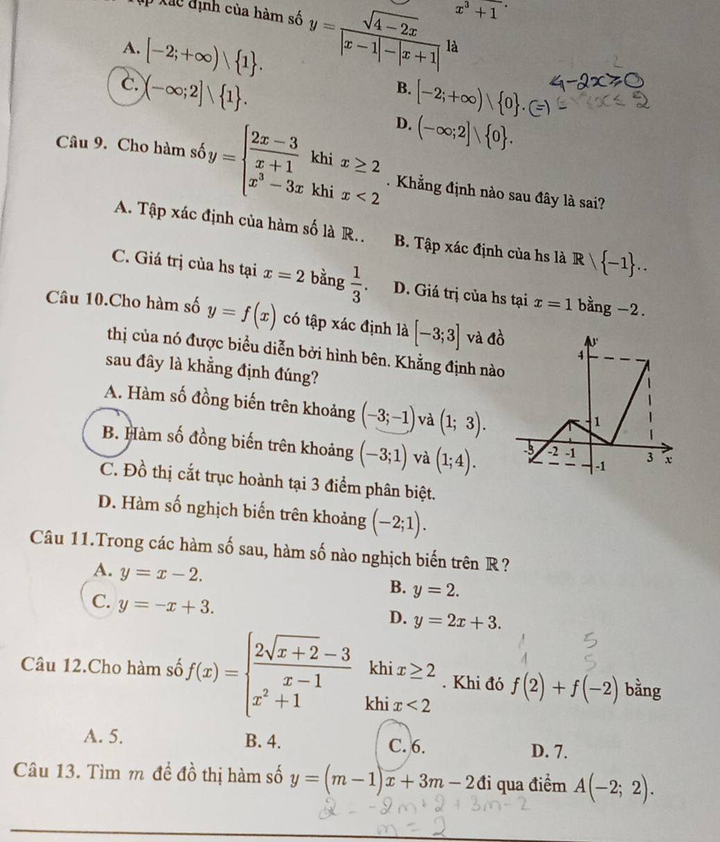 x^3+1
ập Xãc định của hàm số y= (sqrt(4-2x))/|x-1|-|x+1|  là
A. [-2;+∈fty ) 1 .
B. [-2;+∈fty ) 0 .(=)
C. )(-∈fty ;2]∪  1 . D. (-∈fty ;2] 0 .
khi
Câu 9. Cho hàm số y=beginarrayl  (2x-3)/x+1  x^3-3xendarray. khi beginarrayr x≥ 2 x<2endarray. Khẳng định nào sau đây là sai?
A. Tập xác định của hàm số là R.. B. Tập xác định của hs là R  -1 ..
C. Giá trị của hs tại x=2 bằng  1/3 . D. Giá trị của hs tại x=1 bằng -2.
Câu 10.Cho hàm số y=f(x) có tập xác định là [-3;3] và a^(frac 1)0
thị của nó được biểu diễn bởi hình bên. Khẳng định nào
sau đây là khẳng định đúng?
A. Hàm số đồng biến trên khoảng (-3;-1) và (1;3).
B. Hàm số đồng biến trên khoảng (-3;1) và (1;4).
C. Đồ thị cắt trục hoành tại 3 điểm phân biệt.
D. Hàm số nghịch biến trên khoảng (-2;1).
Câu 11.Trong các hàm số sau, hàm số nào nghịch biến trên R?
A. y=x-2.
B. y=2.
C. y=-x+3.
D. y=2x+3.
khi x≥ 2 f(2)+f(-2) bằng
Câu 12.Cho hàm số f(x)=beginarrayl  (2sqrt(x+2)-3)/x-1  x^2+1endarray. khi x<2</tex>
. Khi đó
A. 5. B. 4. D. 7.
C. 6.
Câu 13. Tìm m đề đồ thị hàm số y=(m-1)x+3m-2di qua điểm A(-2;2).