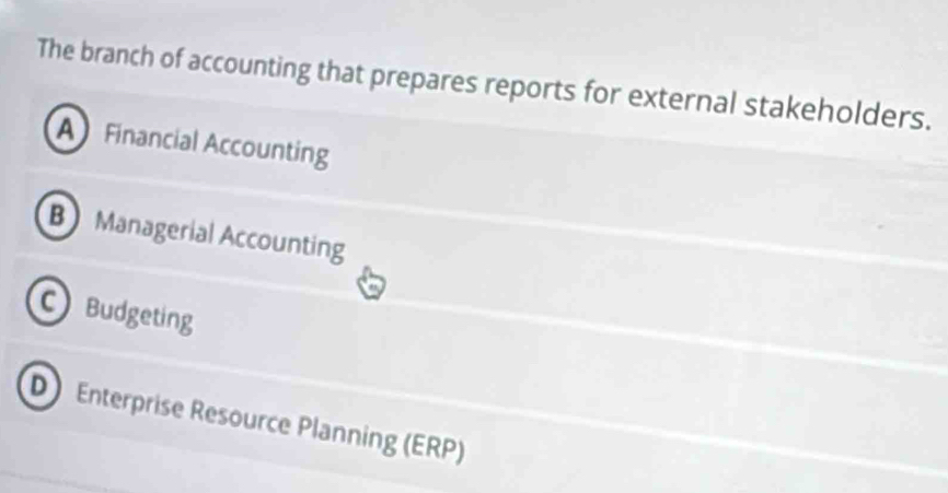 The branch of accounting that prepares reports for external stakeholders.
A Financial Accounting
B Managerial Accounting
C Budgeting
D Enterprise Resource Planning (ERP)