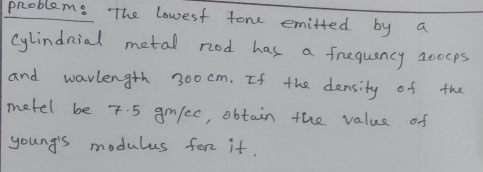 probleme The lowest tore emitted by a 
cylindnial metal nod has a frequancy 20ocps
and warlength 300 cm. If the density of the 
metel be 7. 5 gmicc, obtain the value of 
young's modulus for it.