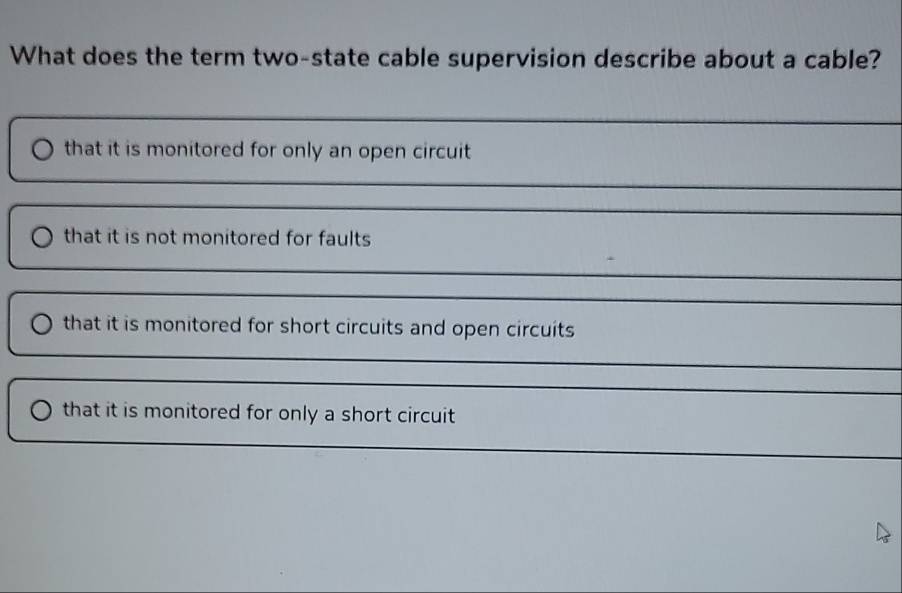 Solved: What does the term two-state cable supervision describe about a ...