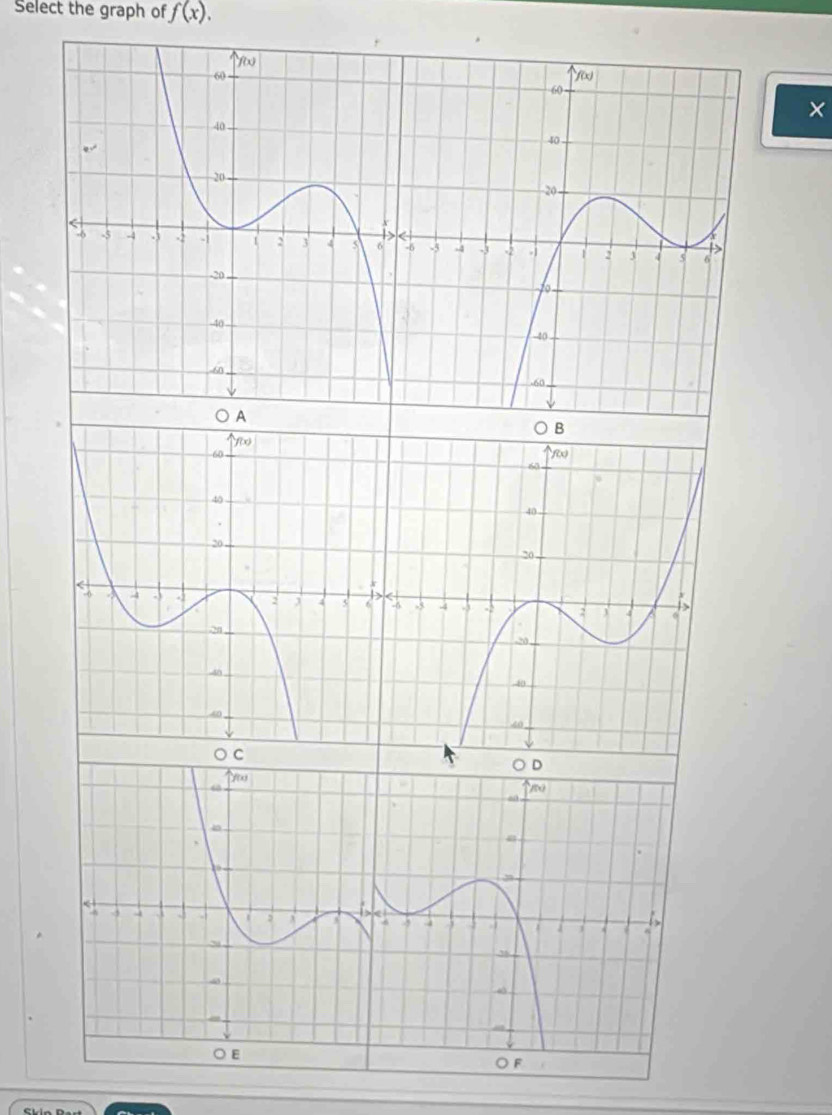 Select the graph of f(x).
×
A
B