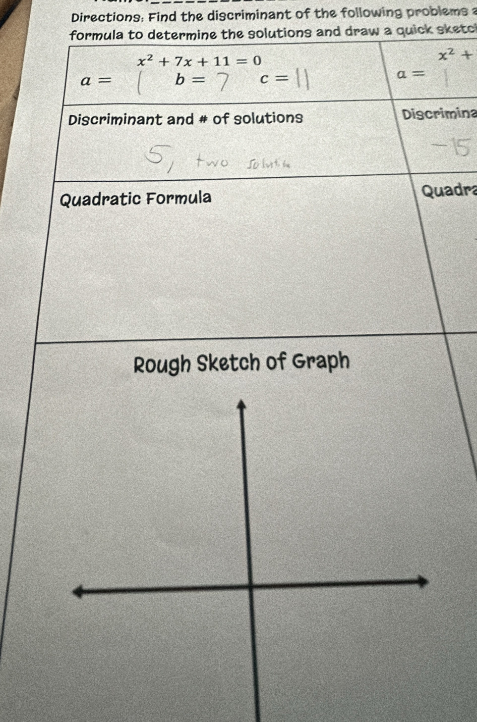 Directions: Find the discriminant of the following problems a 
formula to determine the solutions and draw a quick sketci
x^2+7x+11=0
x^2+
a=
b=
c=
a=
Discriminant and # of solutions Discrimina 
Quadratic Formula Quadra 
Rough Sketch of Graph