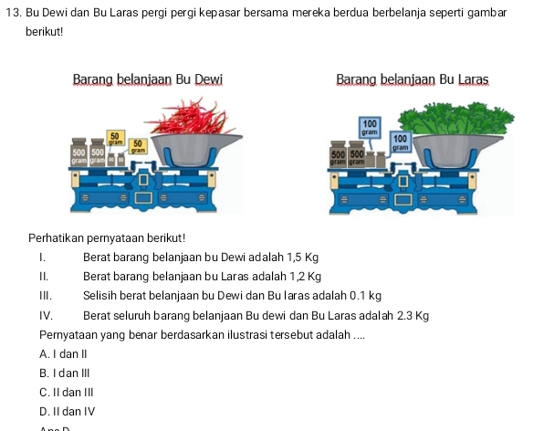 Bu Dewi dan Bu Laras pergi pergi kepasar bersama mereka berdua berbelanja seperti gambar
berikut!
Barang belaniaan Bu Dewi Barang belanjaan Bu Laras
Perhatikan pernyataan berikut!
1. Berat barang belanjaan bu Dewi adalah 1,5 Kg
II. Berat barang belanjaan bu Laras adalah 1,2 Kg
III. Selisih berat belanjaan bu Dewi dan Bu laras adalah 0.1 kg
IV. Berat seluruh barang belanjaan Bu dewi dan Bu Laras adalah 2.3 Kg
Pernyataan yang benar berdasarkan ilustrasi tersebut adalah ....
A. I dan II
B. I dan III
C. II dan III
D. II dan IV