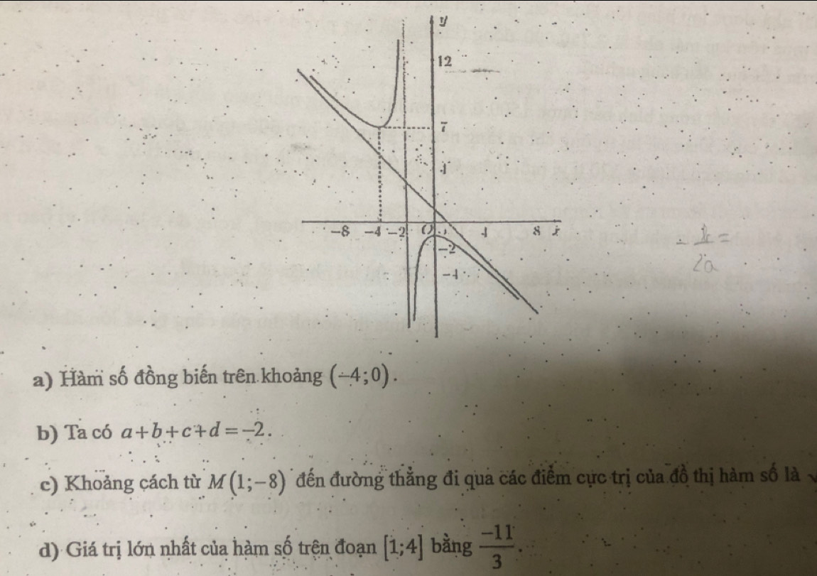 Hàm số đồng biến trên khoảng (-4;0). 
b) Ta có a+b+c+d=-2. 
c) Khoảng cách từ M(1;-8) đến đường thẳng đi qua các điểm cực trị của đồ thị hàm số là 
d) Giá trị lớn nhất của hàm số trện đoạn [1;4] bằng  (-11)/3 .