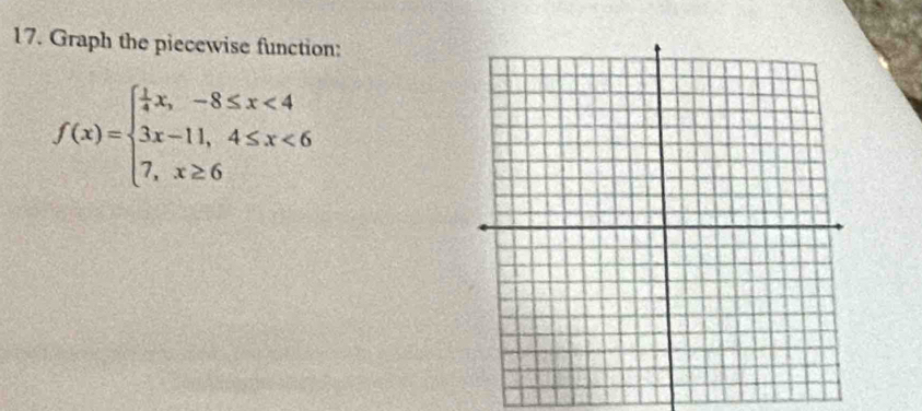 Graph the piecewise function:
f(x)=beginarrayl  1/4 x,-8≤ x<4 3x-11,4≤ x<6 7,x≥ 6endarray.