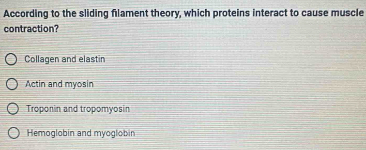 According to the sliding filament theory, which proteins interact to cause muscle
contraction?
Collagen and elastin
Actin and myosin
Troponin and tropomyosin
Hemoglobin and myoglobin